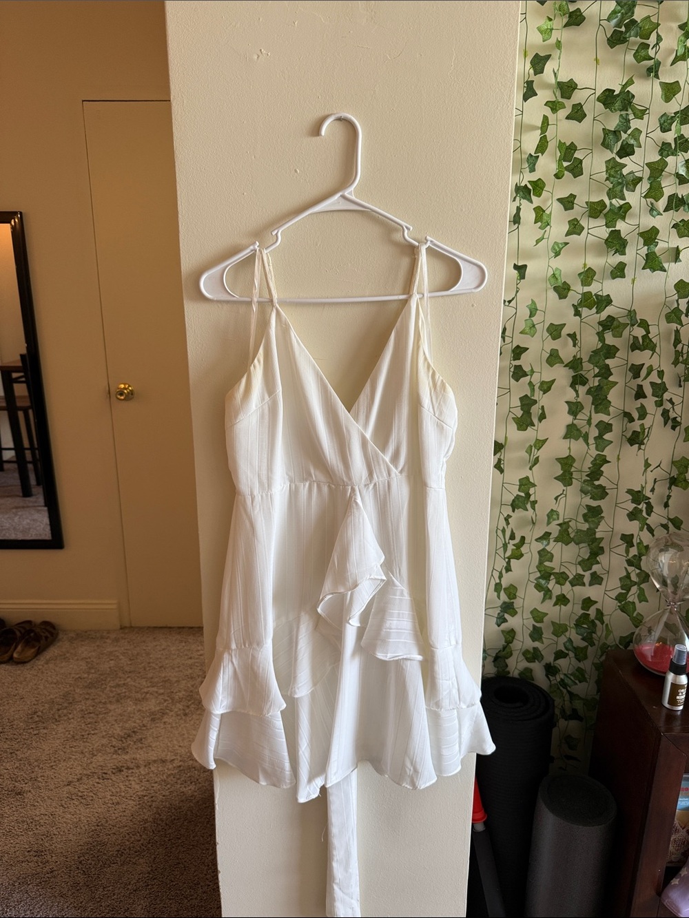 White Ruffled V-Neck Spaghetti Strap Dress